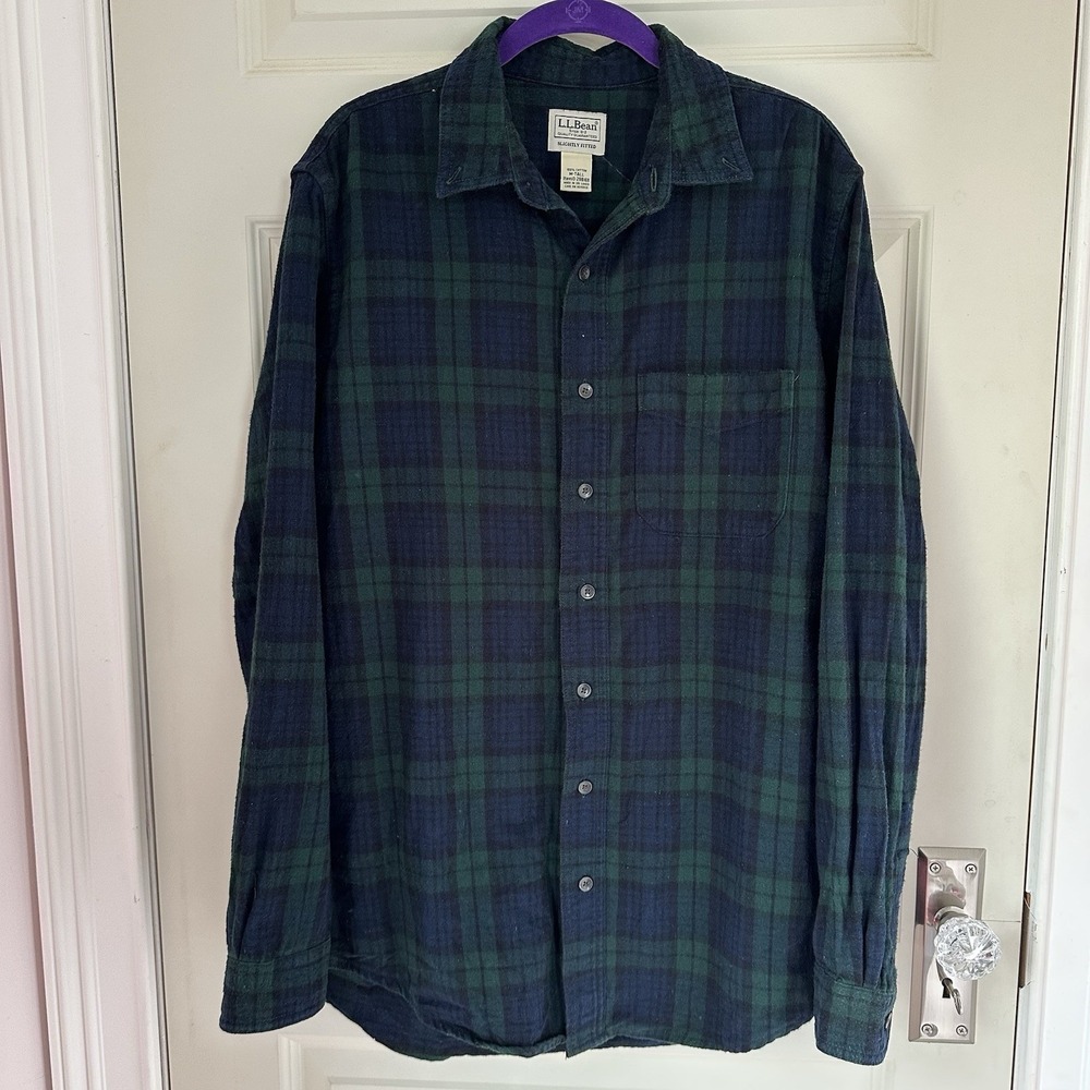 L.L Bean Green Blue Plaid Cotton Button Up Flannel Shirt Medium Tall Top